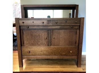 Antique Oak Dining Room Side Board Server / Buffet Table With Mirror