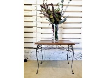 Rectangular Wood & Metal Low Rise Accent Table With Artificial Floral Arrangement