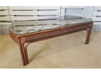 Vintage Brown Rattan & Wicker Glass Top Coffee Table