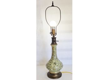 Beautiful Vintage Sage Green Porcelain Hand Painted Floral & Brass Table Lamp