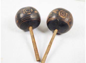 Vintage Pair Of Carved Gourd Maracas