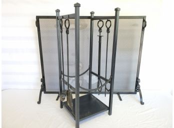 Black Metal & Mesh Fireplace Screen & Tool Set / Log Holder