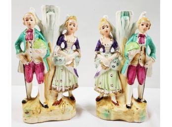 Vintage Wales Victorian Figural Porcelain Hand Painted Lamp Bases - Made In Japan