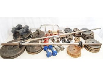 Huge Lot Of Vintage Plate Weights, Straight, Curl & Triceps Bars, Dumbbells & Collars - 460 Pounds!