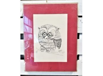 Adorable 1970s Vintage Framed Sad Owl With Blue Eyes Pen & Ink Signed By Artist Don Nedobeck