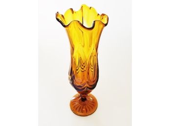 Vintage Mid Century Draped Ruffled Amber Swung Glass Vase