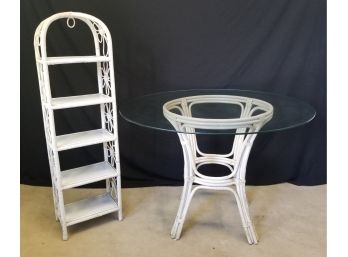 White Wicker Glass Top Table & Five Tier Plant Stand