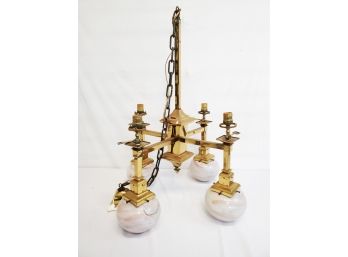 Handsome Large Brass Ceiling Chandelier With Beautiful Swirl Blown Glass Globes