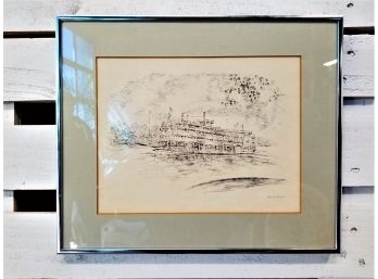 Vintage 'Island Queen' Cincinnati Riverboat Pen & Ink Print By Artist Caroline Williams