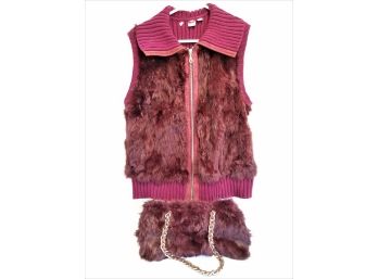 Wilson's Authentic Burgundy Leather And Fur Vest And Shoulder Handbag  Size Extra Large