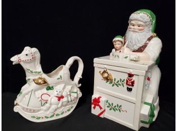 Lenox Porcelain Rocking Horse Teapot & Santa's Workbench Cookie Jar