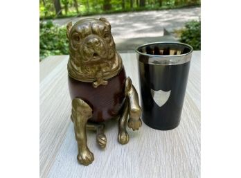 Wood And Brass Dog Box And Unique Cup With Silver Shield