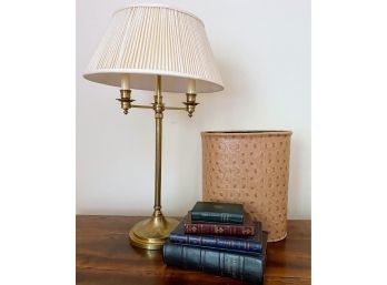 Stack Of Books Box, Faux Ostrich Wastebasket, And Heavy Vintage Brass Lamp