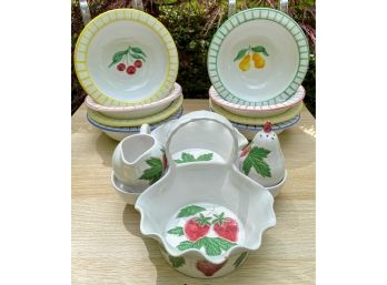 Handmade In Italy - Strawberry Dish With Sugar/creamer And Set Of 8 Bowls