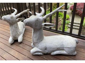 Pair Of Whitewashed Wood Stag Sculptures