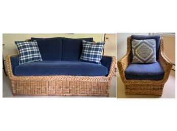 Natural Color Wicker And Upholstery Set  - Chair And Loveseat