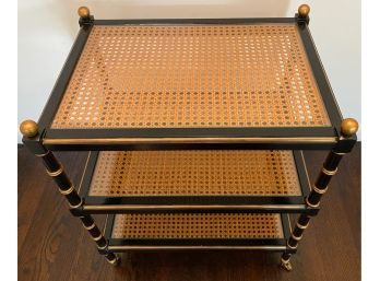 Three Tier Table With Glass And Cane Shelves