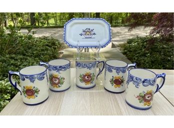 Set Of 5 Mugs And Cookie Plate Hand Painted In Portugal