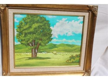 Original Oil By Sheehan Tree In Field W/ Wagon