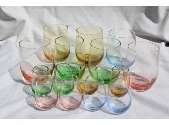 Wonderful Group Of 14 MCM Colored Glasses - 6 Juice Glasses & 8 Smalls