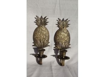 Vintage Brass Figural Pineapple Candle Holder Wall Sconces