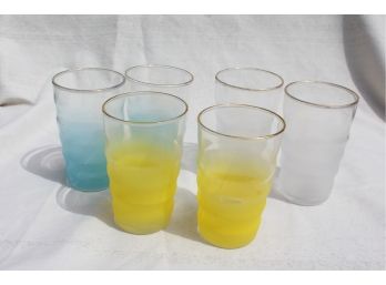 6 MCM Frosted Juice Glasses - Blue - White - Yellow