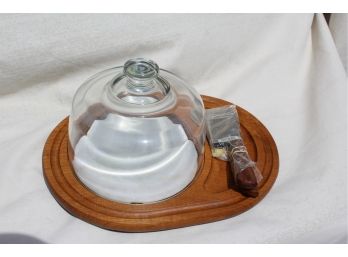 Beautiful Dolphin Teak Cheese Tray W/ Marble Cutting Disc & Knives