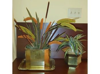 Two Brass Planters & A Brass Tray