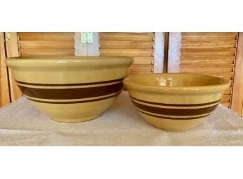 Vintage Pottery Mixing Bowls With Brown Stripe (2)