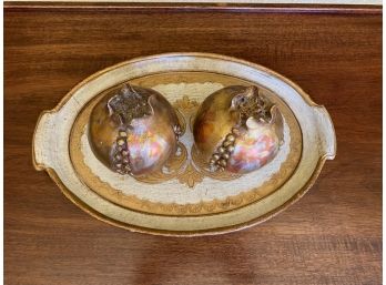 Italian Gilt Wood Tray & Pair Gilt Pomegranates