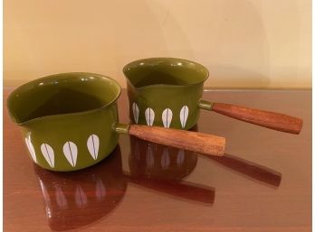 Cathrineholm Olive Green Lotus Leaf Enamelware Sauce Pots (2)