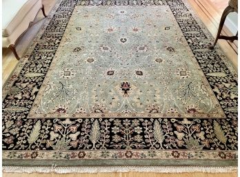 9' 3' X 12' 3' Wool Carpet With Attractive Fringe Design In Black, Tan & Sage Green