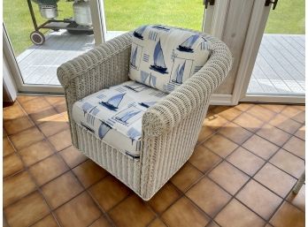 Wicker Swivel Club Chair With Sailboat Fabric Cushions