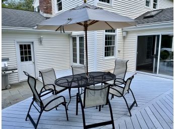 Complete Patio Furniture Set Including Table, Six Chairs & Umbrella