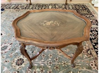 Framed Glass Top Vintage Side Table With Marquetry Center