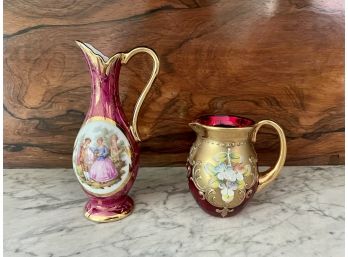 Murano Glass & Painted Limoges Porcelain Petite Pitchers