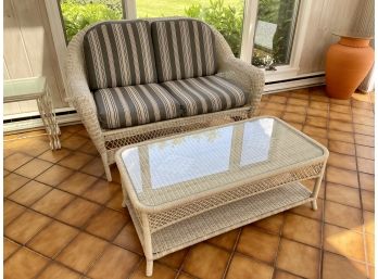 Wicker Style Cushioned Loveseat & Coffee Table