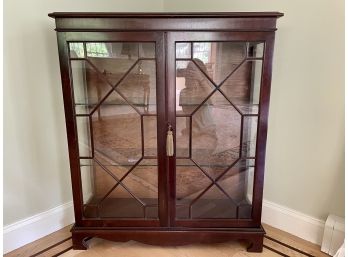 Vintage English Lighted Display Cabinet With Fretted Glazed Glass Doors