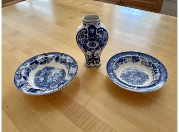 Antique Blue And White Small Bowls & Delft Vase