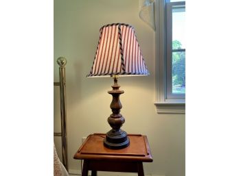 Carved Wood Lamp With Red & White Ticking Stripe Shade