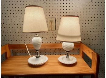 Two Vintage White Milk Glass Hobknob Lamps