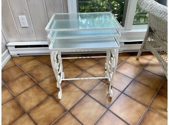 Set Of Vintage Nesting Glass Topped White Scroll Work Metal Tables