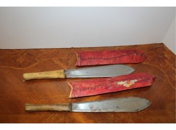 Vintage Pair Of Handmade Knives In Leather Sheaths