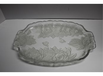 Heavy Clear Glass With Frosted Embossed Flowers Oblong Serving Tray