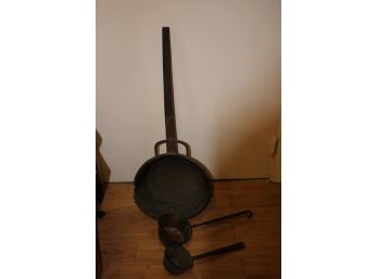 Three Primitive Antique Copper Assorted Cooking/Fireplace Pot/Ladles