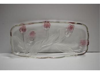 Vintage Heavy Clear & Pink Tulip Embossed Oblong Tray