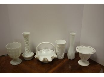 Vintage Mixed Lot Of Six White Milk Glass Decorative Items