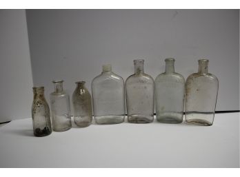 Vintage Mixed Lot Of Seven Clear Glass Medicine & Alcohol Bottles