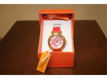 New ACTIVA Ladies Water Resistant Watch With Gold Tone Bezel & Red Leather Band
