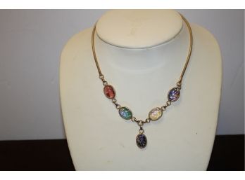Vintage LONGCRAFT Ladies Gold Tone Five Oval Cabachon Multicolored Stone Necklace